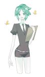  1other androgynous belfraaaaan bug butterfly clipboard colored_eyelashes crystal_hair gem_uniform_(houseki_no_kuni) green_eyes green_hair highres houseki_no_kuni insect looking_at_viewer necktie open_mouth phosphophyllite short_hair smile solo sparkle white_background 