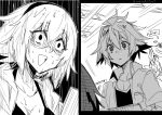  1girl 2boys antenna_hair astolfo_(fate) casual comic commentary_request constricted_pupils crowd fate/apocrypha fate/grand_order fate_(series) greyscale haoro jeanne_d&#039;arc_(fate)_(all) jeanne_d&#039;arc_(swimsuit_archer) monochrome multiple_boys nervous_smile open_mouth shaded_face sieg_(fate/apocrypha) silent_comic surprised sweat sweating_profusely 