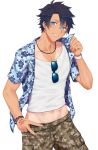  1boy absurdres adonis_belt ayana2123 black_hair blue_eyes camouflage camouflage_shorts character_name command_spell cowboy_shot fate/grand_order fate_(series) fujimaru_ritsuka_(male) hawaiian_shirt head_tilt highres jewelry looking_at_viewer male_focus midriff navel necklace open_clothes open_shirt shirt shorts simple_background smile solo sunglasses tan tank_top tanline tropical_summer v white_background wristband 