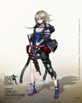  1girl ak-74u_(girls_frontline) aks-74u ammunition_pouch ankle_strap assault_rifle asymmetrical_footwear asymmetrical_legwear asymmetrical_pants bag baggy_clothes baggy_pants bangs blonde_hair blue_eyes blue_footwear blush boots breasts bustier camouflage camouflage_pants character_name cleavage combat_knife copyright_name cross-laced_footwear earphones fanny_pack fingerless_gloves full_body girls_frontline gloves gun hair_between_eyes headphones headphones_around_neck highres holstered_weapon hood hood_down hooded_jacket infukun jacket knee_pads knife knife_holster lace-up_boots logo looking_at_viewer medium_breasts official_art open_clothes open_jacket open_mouth pants pouch red_gloves rifle short_hair_with_long_locks sidelocks single_knee_pad solo strap trigger_discipline tsurime weapon 