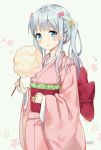  1girl bangs blue_eyes bow chinese commentary_request cotton_candy derivative_work eromanga_sensei eyebrows_visible_through_hair fingernails flower food grey_background hair_bow hair_flower hair_ornament highres holding holding_food izumi_sagiri japanese_clothes kimono liang_feng_qui_ye long_hair long_sleeves obi pink_bow pink_kimono red_bow sash side_ponytail sidelocks silver_hair solo star translated wide_sleeves yellow_flower 