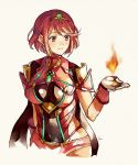  1girl akke armor bangs blush breasts covered_navel earrings fingerless_gloves fire gloves hair_ornament pyra_(xenoblade) jewelry large_breasts red_eyes redhead short_hair shorts sidelocks simple_background smile solo tiara white_background xenoblade_(series) xenoblade_2 