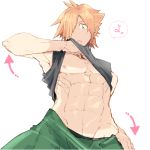  1boy abs adonis_belt black_shirt contrapposto directional_arrow fate/extra fate_(series) green_eyes green_pants hair_over_one_eye koukai_kunoki lowres male_focus nipples open_mouth pants pants_pull robin_hood_(fate) shirt shirt_lift simple_background spiky_hair tan tank_top tanline toned toned_male white_background 