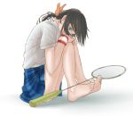  1girl badminton_racket barefoot brown_hair feet from_side full_body green_eyes hanebado! hanesaki_ayano highres knees_to_chest legs looking_at_viewer looking_to_the_side myu5uke pleated_skirt racket school_uniform simple_background sitting sitting_on_ground skirt solo sweatband thighs toes white_background 