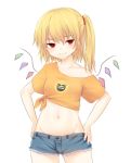  1girl alternate_costume bangs bare_shoulders blonde_hair blush breasts casual collarbone commentary contemporary cowboy_shot crop_top crystal cutoffs denim denim_shorts emoji flandre_scarlet groin hair_between_eyes hands_on_hips looking_at_viewer midriff miyo_(ranthath) navel no_hat no_headwear off-shoulder_shirt off_shoulder one_side_up orange_shirt red_eyes shirt short_hair short_shorts short_sleeves shorts simple_background small_breasts smile solo standing stomach t-shirt thighs tied_shirt touhou white_background wings 
