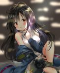  1girl antenna_hair bangs bare_shoulders blue_jacket blurry blurry_background blush breasts brown_hair c-ms_(girls_frontline) commentary depth_of_field dress eyebrows_visible_through_hair girls_frontline grey_legwear hand_up jacket long_hair long_sleeves looking_at_viewer medium_breasts melynx_(user_aot2846) mole mole_under_eye off_shoulder open_clothes open_jacket parted_lips red_eyes round_teeth single_thighhigh sleeveless sleeveless_dress solo tears teeth thigh-highs trembling upper_teeth very_long_hair white_dress 