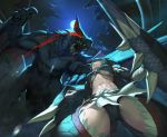  1girl black_hair breasts claws commentary_request crotch fishnets from_below glowing glowing_eyes lance large_breasts midriff monster monster_hunter moon nargacuga nargacuga_(armor) night polearm red_eyes rotix sharp_teeth shield solo teeth under_boob weapon 