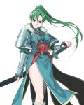  armor asymmetrical_bangs bangs breasts coat cowboy_shot dress earrings fingerless_gloves fire_emblem fire_emblem:_kakusei fire_emblem:_rekka_no_ken fur-trimmed_boots fur-trimmed_coat fur_trim gauntlets gloves green_eyes green_hair hand_on_hilt highres japanese_armor jewelry katana kori_(etinop) long_hair long_sleeves looking_at_viewer lyndis_(fire_emblem) medium_breasts pelvic_curtain ponytail sash scabbard sheath sheathed shoulder_armor side_slit simple_background smile sword thighs weapon white_background 