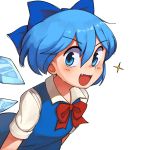  1girl :d bangs blue_bow blue_eyes blue_hair blue_neckwear blue_wings bow bowtie cirno detached_wings fang flat_chest hair_between_eyes highres ice ice_wings lkll looking_at_viewer open_mouth short_hair short_sleeves simple_background smile solo sparkle touhou upper_body white_background wings 