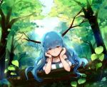  1girl bangs blue_hair bracelet collar collarbone day earrings eyebrows_visible_through_hair forest highres jewelry leaf long_hair looking_at_viewer nature off_shoulder original outdoors solo upper_body very_long_hair yellow_eyes yorktown_cv-5 