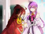  2girls aether_sage_(elsword) ahoge aisha_(elsword) antenna_hair bare_shoulders blush dated elesis_(elsword) elsword empire_sword_(elsword) gloves gomiyama hair_between_eyes hand_kiss holding holding_paper kiss long_hair looking_at_another multiple_girls paper ponytail purple_hair red_eyes redhead signature smile upper_body very_long_hair violet_eyes white_gloves yuri 