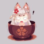  ! 1girl anger_vein animal_ears azur_lane bangs blush commentary_request eyebrows_visible_through_hair fang flower grey_background hair_flower hair_ornament highres in_bowl in_container liang_feng_qui_ye long_hair looking_at_viewer minigirl open_mouth red_flower silver_hair solo thick_eyebrows v-shaped_eyebrows wavy_mouth white_flower wolf_ears yuudachi_(azur_lane) 