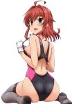  1girl ahoge arashi_(kantai_collection) ass asymmetrical_hair black_eyes black_swimsuit blush breasts competition_swimsuit eyebrows_visible_through_hair from_behind full_body gloves grey_legwear highres kantai_collection looking_at_viewer looking_back messy_hair one-piece_swimsuit open_mouth redhead shiny shiny_clothes shiny_hair shiny_skin shoulder_blades sideboob simple_background sitting skin_tight solo swimsuit thigh-highs two-tone_swimsuit wariza white_background white_gloves yoshi_tama 