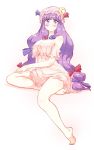  1girl bare_legs bare_shoulders barefoot blush breasts chemise cleavage covered_nipples eyebrows_visible_through_hair hair_ribbon hand_on_own_thigh hat highres large_breasts long_hair mob_cap no_nose non_(z-art) off_shoulder patchouli_knowledge purple_hair ribbon simple_background touhou very_long_hair violet_eyes 