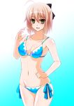 1girl ahoge ass_visible_through_thighs bikini black_eyes blue_background blush breasts cleavage collarbone covered_nipples engo_(aquawatery) eyebrows fate_(series) gradient gradient_background groin hair_between_eyes medium_breasts navel okita_souji_(fate) okita_souji_(fate)_(all) pink_hair skindentation smile solo swimsuit thigh_gap 
