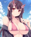  1girl bikini black_hair blush breasts hasu_(hk_works) large_breasts long_hair looking_at_viewer oni oni_horns pink_bikini pointy_ears red_eyes red_horns smile solo swimsuit 