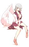 1girl blush breasts brown_eyes cleavage collarbone covered_nipples dress eyebrows_visible_through_hair highres invisible_chair kishin_sagume large_breasts looking_at_viewer navel no_bra no_socks non_(z-art) open_clothes shoes silver_hair simple_background single_wing sitting skirt thighs touhou white_background wings 