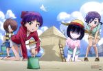  3girls 5boys absurdres adapted_costume all_fours barefoot beach bent_over black_hair blue_shorts blue_sky blurry_foreground book bow brown_hair choker clouds day food full_body gegege_no_kitarou hair_bow hair_ornament hair_over_one_eye hairclip hanako-san_(gegege_no_kitarou) hand_on_own_knee hat highres holding holding_food inuyama_mana ittan-momen jacket kitarou magical_girl medama_oyaji multiple_boys multiple_girls nekomusume nekomusume_(gegege_no_kitarou_6) nezumi_otoko nude nurikabe_(character) older open_book outdoors outstretched_arm pink_shirt pointy_ears popsicle red_bow red_jacket shimizu_sorato shirt short_hair short_shorts short_sleeves shorts shoulder_cutout sky smile standing straw_hat sun_hat violet_eyes watermelon_bar white_shirt white_shorts yellow_eyes yellow_hat yellow_shorts 