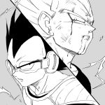  2boys armor black_eyes black_hair blood close-up dirty dirty_face dragon_ball dragonball_z dual_persona face frown grey_background greyscale highres looking_to_the_side looking_up majin_vegeta male_focus monochrome multiple_boys panels scouter serious short_hair simple_background spiky_hair super_saiyan tkgsize upper_body vegeta 