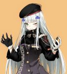  1girl bangs beret blunt_bangs blush breasts buttons character_name clothes_writing eyebrows_visible_through_hair facial_mark german_flag girls_frontline gloves green_eyes hair_ornament hands_up hat hk416_(girls_frontline) jacket long_hair long_sleeves looking_at_viewer medium_breasts name_tag naruwe one_eye_closed orange_background parted_lips sidelocks silver_hair simple_background smile solo teardrop very_long_hair 