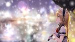  1girl absurdres alternate_eye_color apron bangs blonde_hair blurry blurry_background blush bokeh braid breasts city_lights cropped_vest depth_of_field dress eyebrows_visible_through_hair from_side g36_(girls_frontline) girls_frontline gloves greem_bang green_eyes hair_between_eyes highres holding holding_umbrella long_hair looking_up maid maid_apron maid_headdress medium_breasts open_clothes open_vest outdoors puffy_short_sleeves puffy_sleeves red_neckwear short_sleeves sidelocks single_braid snow snowing solo tearing_up umbrella very_long_hair vest white_gloves 