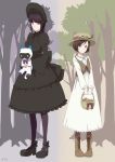  2girls black_dress black_hair bleach boots breasts dress expressionless forest frilled_dress frills grey_eyes hat kurotsuchi_mayuri kurotsuchi_nemu large_breasts long_hair multiple_girls nature platform_footwear purple_hair purple_legwear ronisuke shooes short_hair squirrel stuffed_animal stuffed_cat stuffed_toy tree tsumugiya_ururu vest white_dress 