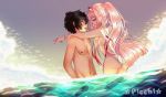  1boy 1girl arm_over_shoulder ass bangs bare_shoulders black_hair blush breasts couple darling_in_the_franxx evening face-to-face facing_another hair_ornament hairband hand_on_own_arm hetero high_ponytail hiro_(darling_in_the_franxx) horns lipstick long_hair looking_at_another makeup medium_breasts navel ocean oni_horns partially_submerged picchi pink_hair ponytail red_horns shirtless short_hair signature sky stomach swimsuit tongue tongue_out water waves white_hairband white_swimsuit zero_two_(darling_in_the_franxx) 