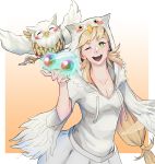  1girl art_cerealex bird blonde_hair blush braid breasts feh_(fire_emblem_heroes) fire_emblem fire_emblem_heroes green_eyes highres long_hair looking_at_viewer one_eye_closed open_mouth orb owl sharena simple_background smile solo white_background 