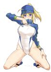  1girl absurdres artoria_pendragon_(all) ass_visible_through_thighs blonde_hair blue_eyes blue_jacket competition_swimsuit fate/grand_order fate_(series) full_body hair_through_headwear harukon_(halcon) highres jacket jacket_lift kneeling long_hair mysterious_heroine_x one-piece_swimsuit ponytail rojiura_satsuki:_chapter_heroine_sanctuary simple_background solo swimsuit swimsuit_under_clothes track_jacket white_background white_swimsuit 