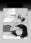  2girls bed comic dress greyscale hat highres hospital_bed kirameki_haruaki maribel_hearn medium_hair mob_cap monochrome multiple_girls neck_ribbon ribbon short_sleeves touhou translation_request usami_renko 