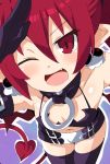  1girl bat_wings belt black_gloves black_legwear demon_girl demon_tail disgaea earrings elbow_gloves etna eyebrows_visible_through_hair flat_chest from_above gloves iwasi-r jewelry looking_at_viewer makai_senki_disgaea mini_wings miniskirt navel one_eye_closed open_mouth pointy_ears red_eyes redhead salute short_hair skirt skull_earrings smile solo tail thigh-highs wings 