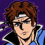  1boy akairiot blue_background blue_eyes brown_hair castlevania castlevania:_rondo_of_blood headband looking_at_viewer male_focus richter_belmondo short_hair simple_background smile solo super_smash_bros. super_smash_bros_ultimate 