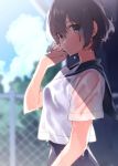  1girl blouse blue_sailor_collar blurry blurry_background blush brown_eyes brown_hair check_commentary clouds commentary_request day dripping eyebrows_visible_through_hair fence from_side hair_between_eyes hand_up highres looking_at_viewer original outdoors parted_lips sailor_collar school_swimsuit school_uniform serafuku shirt short_hair short_sleeves solo sparkle swimsuit swimsuit_under_clothes tree u35 water wet wet_clothes wet_hair wet_shirt white_blouse 