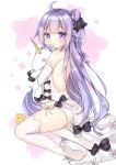  1girl absurdres ahoge ass azur_lane backless_dress backless_outfit bangs bare_shoulders black_bow black_ribbon blush bow detached_sleeves dress eyebrows_visible_through_hair hair_bun hair_ribbon highres ju_(a793391187) long_hair looking_at_viewer looking_to_the_side no_shoes object_hug one_side_up panties parted_lips purple_hair ribbon side-tie_panties side_bun sitting soles solo stuffed_animal stuffed_toy stuffed_unicorn thigh-highs underwear unicorn_(azur_lane) very_long_hair violet_eyes white_dress white_legwear white_panties yokozuwari 
