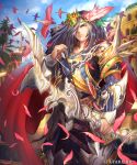  1boy armor arrow bird blue_sky bow_(weapon) brown_eyes building cape day fantasy feathers frown hair_feathers hair_ornament hair_over_one_eye highres holding_bow kazto_furuya knife long_hair looking_at_viewer male_focus official_art outdoors pink_feathers quiver red_cape sheath sheathed shingoku_no_valhalla_gate shoulder_spikes sky solo spikes standing tree watermark weapon 