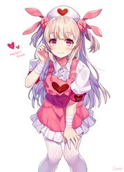  1girl apron arm_up armband bandage bandaged_arm bandages bangs blush bunny_hair_ornament center_frills character_name collared_shirt commentary_request eyebrows_visible_through_hair hair_ornament hand_on_thigh hat heart light_brown_hair long_hair looking_at_viewer natori_sana nurse_cap pink_apron pink_hat puffy_short_sleeves puffy_sleeves sana_channel shirt short_sleeves simple_background skirt solo thigh-highs two_side_up user_fvsd2278 virtual_youtuber white_background white_legwear white_skirt 