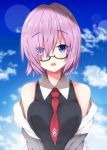  1girl bangs bare_shoulders between_breasts black-framed_eyewear black_dress blue_sky blurry blurry_background blush breasts clouds collared_dress commentary_request cute day depth_of_field dress eyebrows_visible_through_hair eyes_visible_through_hair fate/grand_order fate_(series) glasses grey_jacket hair_over_one_eye hood hood_down hooded_jacket jacket large_breasts mash_kyrielight milkpanda necktie necktie_between_breasts off_shoulder outdoors parted_lips pink_hair red_neckwear round_teeth semi-rimless_eyewear shielder_(fate/grand_order) short_hair sky solo teeth under-rim_eyewear upper_teeth violet_eyes 