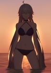  1girl ahoge bikini black_bikini black_choker breasts choker cleavage contrapposto fate/grand_order fate_(series) highres jeanne_d&#039;arc_(alter)_(fate) jeanne_d&#039;arc_(alter_swimsuit_berserker) jeanne_d&#039;arc_(fate)_(all) long_hair looking_at_viewer partially_submerged pisu silver_hair solo sunset swimsuit water yellow_eyes 