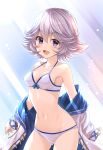  1girl bare_shoulders bikini blue_eyes blush breasts clothes_down colored_eyelashes cowboy_shot cute eyebrows_visible_through_hair farrah_(granblue_fantasy) flipped_hair front-tie_top granblue_fantasy groin highres looking_at_viewer medium_breasts open_mouth short_hair sideboob silver_hair solo swimsuit thighs tomo_(user_hes4085) white_bikini 