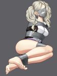  1girl arms_behind_back barefoot bdsm blindfold bondage bound bound_arms duct_tape feet gag gbeeee improvised_gag long_hair looking_at_viewer persona persona_5 shuujin_academy_uniform solo sweat takamaki_anne tape tape_bondage tape_gag twintails 