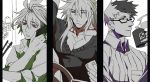  3boys antenna_hair arm_up casual cellphone closed_mouth contemporary cup fate/apocrypha fate/grand_order fate_(series) glasses male_focus mine_(odasol) mug multicolored_hair multiple_boys open_mouth pectorals phone red_eyes sieg_(fate/apocrypha) siegfried_(fate) sigurd_(fate/grand_order) simple_background sleeves_rolled_up smartphone split_screen sweater two-tone_hair white_background 