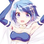  1girl :d armpits bangs bare_shoulders blue_eyes blue_hair breasts cape detached_sleeves eyebrows_visible_through_hair eyes_visible_through_hair highres mahou_shoujo_madoka_magica miki_sayaka misteor open_mouth short_hair sketch small_breasts smile solo swept_bangs upper_body white_background 