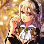  1girl armor blurry blurry_background breasts brooch cleavage esther female_my_unit_(fire_emblem_if) fire_emblem fire_emblem_if gloves hair_between_eyes hairband hand_in_hair jewelry lips long_hair medium_breasts my_unit_(fire_emblem_if) pink_eyes portrait signature silver_hair single_glove solo 
