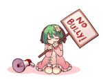  1girl animal_ears closed_eyes commentary dog_ears dress english english_commentary frilled_dress frills green_hair head_down holding holding_sign kasodani_kyouko kneeling long_sleeves megaphone pink_dress seiza short_hair sign simple_background sitting solo touhou white_background yoruny 
