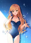  1girl :d blue_swimsuit breasts can energy_drink green_eyes holding holding_can light_brown_hair long_hair mameris2 medium_breasts open_mouth smile solo standing swimsuit tile_wall tiles water_drop 