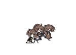  &gt;_&lt; 3girls ags-30 ags-30_(girls_frontline) animated animated_gif binoculars blue_eyes brown_eyes brown_hair chibi drum_magazine fleeing girls_frontline glasses hair_ornament multiple_girls open_mouth ponytail red_eyes side_ponytail simple_background tripod twintails white_background 