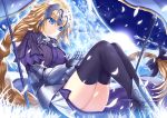  1girl armor armored_boots armored_dress banner black_legwear blonde_hair blue_dress blue_eyes boots braid breasts breasts_apart dress eyebrows_visible_through_hair fate/apocrypha fate_(series) gauntlets hair_between_eyes hair_ornament highres jeanne_d&#039;arc_(fate) jeanne_d&#039;arc_(fate)_(all) long_hair medium_breasts morizono_shiki petals single_braid sitting smile solo sword thigh-highs very_long_hair weapon 