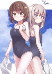  2girls back-to-back bangs blue_eyes blue_swimsuit blush breasts brown_eyes brown_hair cleavage closed_mouth clouds cloudy_sky commentary cowboy_shot dated day eyebrows_visible_through_hair gedoo_(gedo) girls_und_panzer highres holding holding_towel itsumi_erika letterboxed light_frown long_hair looking_at_viewer looking_back multiple_girls nishizumi_maho one-piece_swimsuit outdoors school_swimsuit short_hair silver_hair sky standing swimsuit thighs towel twitter_username white_towel 