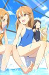  4girls :d ^_^ arms_up bare_legs bare_shoulders barefoot black_swimsuit blue_sky blue_swimsuit blush breasts brown_eyes brown_hair casual_one-piece_swimsuit closed_eyes closed_eyes clouds cloudy_sky collarbone commentary_request competition_school_swimsuit day eye_contact hair_ornament hairpin highres ichihara_nina idolmaster idolmaster_cinderella_girls indoors light_brown_hair long_hair looking_at_another looking_away looking_to_the_side mashou_boy multiple_girls one-piece_swimsuit open_mouth orange_swimsuit parted_lips polka_dot polka_dot_swimsuit round_teeth ryuuzaki_kaoru sitting sky small_breasts smile soles splashing standing striped striped_swimsuit swim_cap swimsuit tachibana_arisu teeth upper_teeth very_long_hair water water_drop window yuuki_haru 