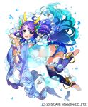  1girl :o absurdly_long_hair absurdres air_bubble akiru_(hokuouhuuhu) anklet bangle blue_eyes blue_footwear blue_hair blue_legwear bracelet bubble coral_hair_ornament gothic_wa_mahou_otome gradient_hair hand_up highres jewelry long_hair looking_at_viewer midriff multicolored_hair official_art purple_hair seashell see-through shell silk solo very_long_hair watermark 